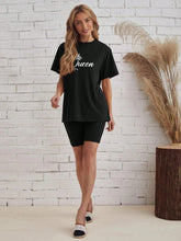 Women's Crown & Letter Black Loose Short Sleeve T-Shirt And Shorts Set, Suitable For Summer